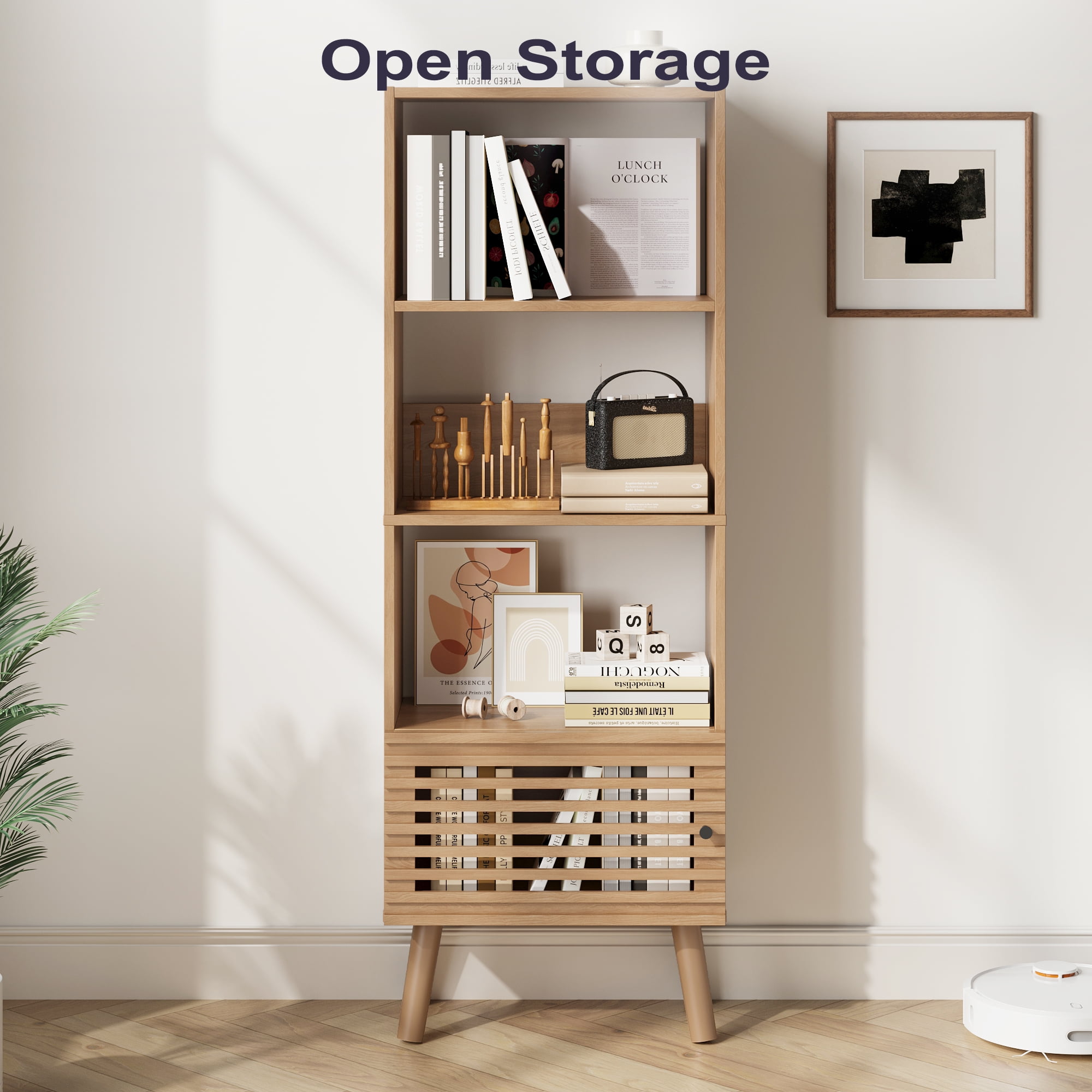 Mid-Century Modern Bookshelf with Slatted Door, 55" H Small Narrow Corner Bookcase, 4 Cube Bookcase with Open Shelf, Display Storage Cabinet for Living Room, Home Office, Oak
