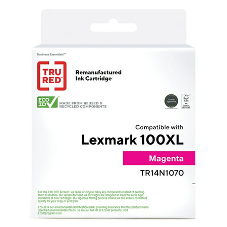 TRU RED 100XL Mag Reman High Yield Ink Cartridge TR14N1070/SIL-R Experience quality and reliability when you use this TRU RED? remanufactured Lexmark 100XL magenta ink cartridge to print documents.Generate up to 600 pages with this remanufactured cartridge. The magenta ink delivers dark text and vivid graphics for clean presentations and reports. Engineered to work with select Lexmark printers  this TRU RED? remanufactured Lexmark 100XL magenta ink cartridge installs and removes easily  taking the hassle out of handling print jobs. Yields up to 600 pages per high yield cartridge. High yield cartridges save you money and time compared to buying a standard cartridge. Contains one magenta high yield cartridge. TRU RED? remanufactured cartridges produce reliable copies. Packaging contains 100% recycled content. 1-year guarantee to be free of manufacturer s defects  get free replacement or your money back. Compatible with: Lexmark Genesis S815  S816; Impact S301  S305; Interpret S405; Interact S605; Intuition S505; Pinnacle PRO901; Platinum PRO905; Prestige PRO805; Prevail PRO705; Prospect PRO205.Safety Data Sheet. Sold As 1 Each.