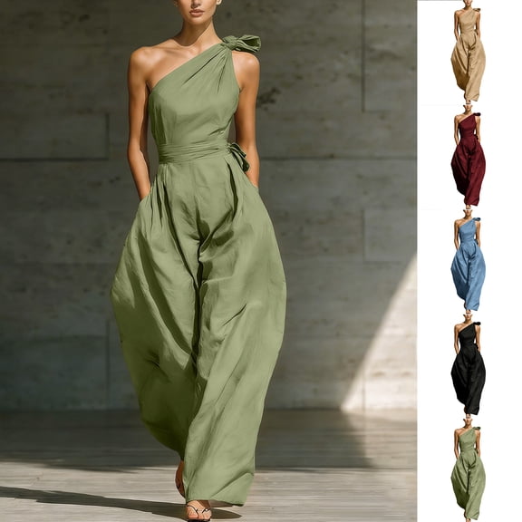 Smsaxvxz Women's Summer Rompers Fashion Solid Off-Shoulder Sleeveless Wide Leg Jumpsuit Casual Clothes Green M