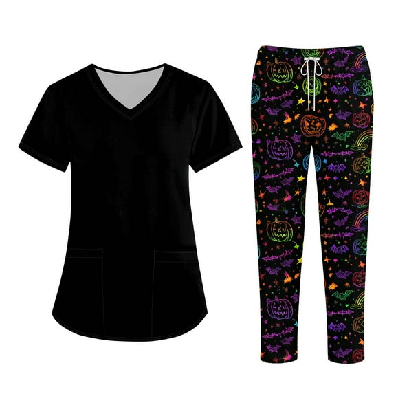 WTOBBY Women's Short Sleeve Halloween Print Scrubs Set with Pockets, 2-Piece Nursing Uniform, Medical Workwear for Healthcare Professionals, Fun Themed Duty Outfit,Black L