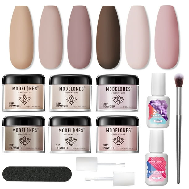 Modelones 6 Colors Dip Powder Nail Kit Starter, 12Pcs Fall Winter Nude Brown Acrylic Dipping Powder System Liquid Set with Base & Top Coat Activator ...