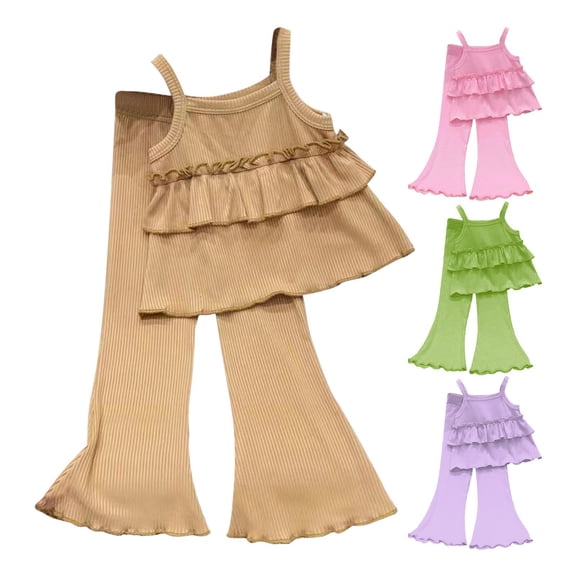 Blekii Girls Two Piece Set Flared Pants, Girls Two Piece Set: Flared Nine Point Pants & Top, Spring Summer Fall Comfortable Suspenders Outfit for Kids Spring Summer Fall Suspenders Outfit Spring