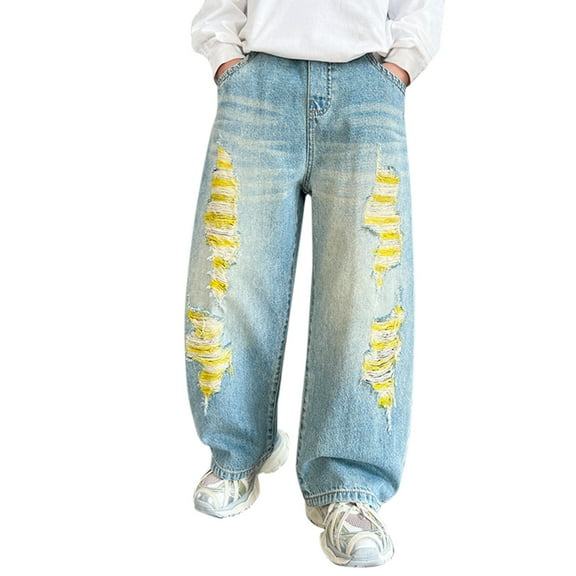 Coerni Trendy Jeans for Boys Loose Elastic Waist Straight Jeans Summer Blue & Yellow Ripped Denim Pants with Pockets