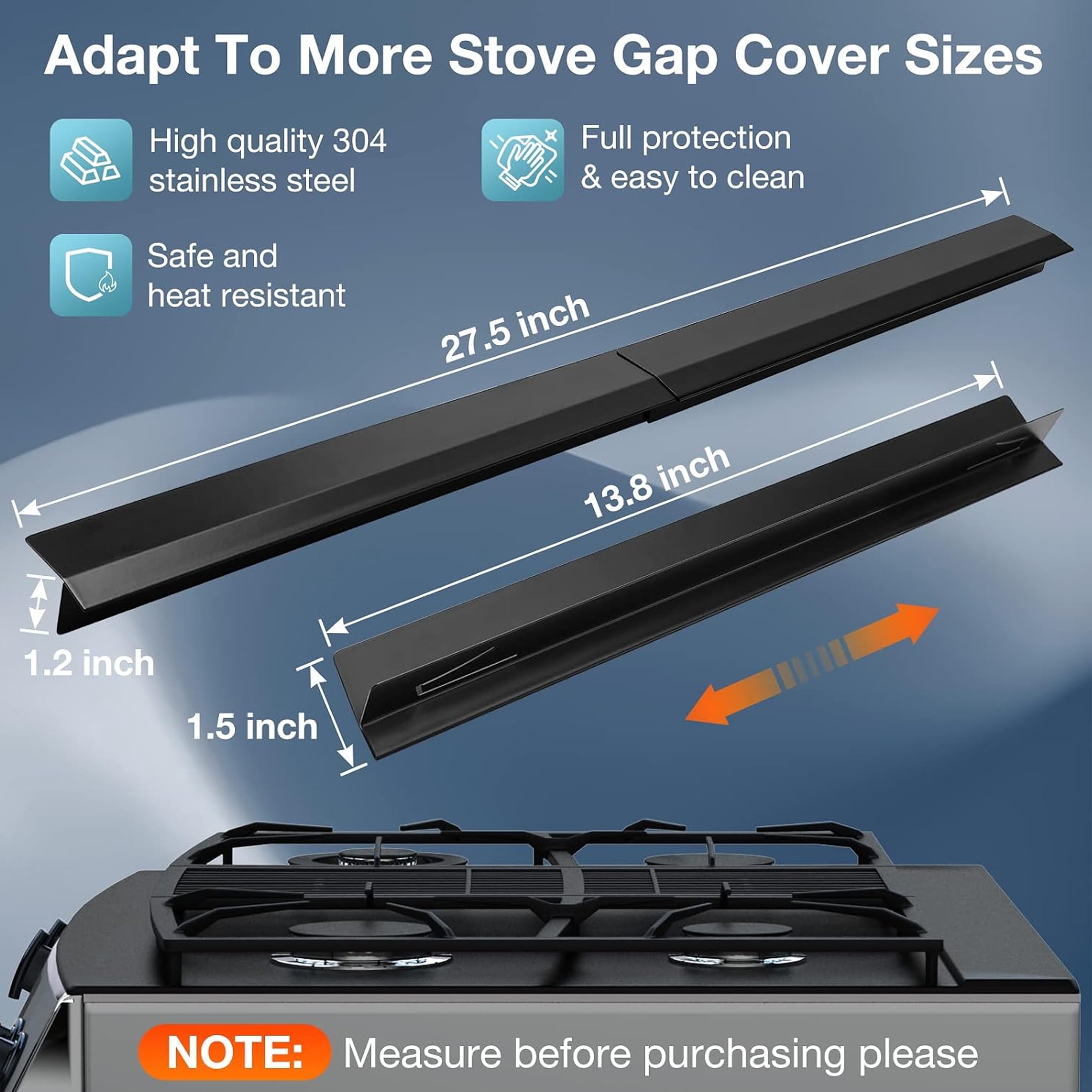 2 Pack Stainless Steel Stove Gap Covers, Stove Gap Filler for Kitchen for Kitchen, Adjustable Length 13.8" to 27.5" (T Shape, Black)