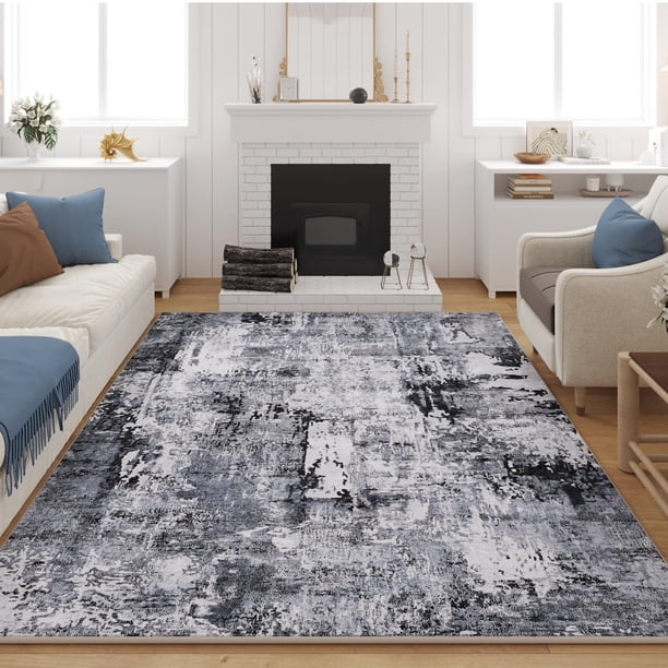 Area Rugcomf, lavable, bohemio, 9 x 12 pies, suave y antideslizante, gris y negro