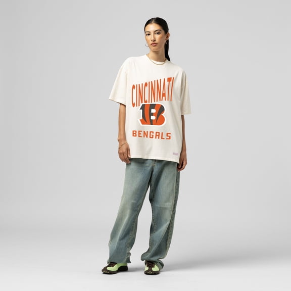 Women's Mitchell & Ness  Cream Cincinnati Bengals Logo Rise Boyfriend T-Shirt