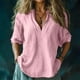 thumbnail image 2 of Top marrón,Camisa informal de mujer con cuello en V y manga 3/4, aspecto lino, mezcla de poliéster y elastano, cómoda para usar en casa, sopatenor, 2 of 9