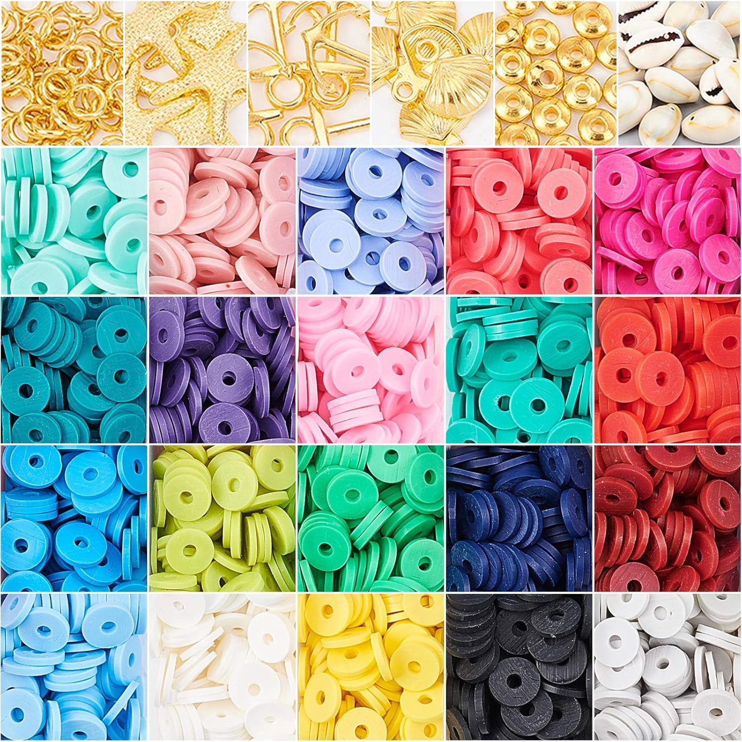 Handmade Polymer Clay Beads 4000 Pcs 20 Colors Flat Round Spacer Beads with Alloy Pendants and Cowrie Shell Beads for DIY Jewelry Necklace Bracelet Earring Craft Making
