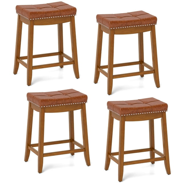 Costway Saddle Bar Stools Set of 4 with PU Leather Seat Solid Rubber Wood Frame Footrest