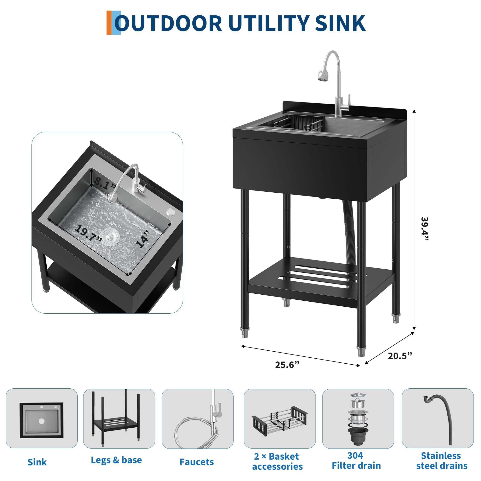 Freestanding Commercial Stainless Steel Utility Sink 26" Single Bowl with Black Powder Coated Finish, Hot & Cold 360° Swivel Faucet Garage, Outdoor
