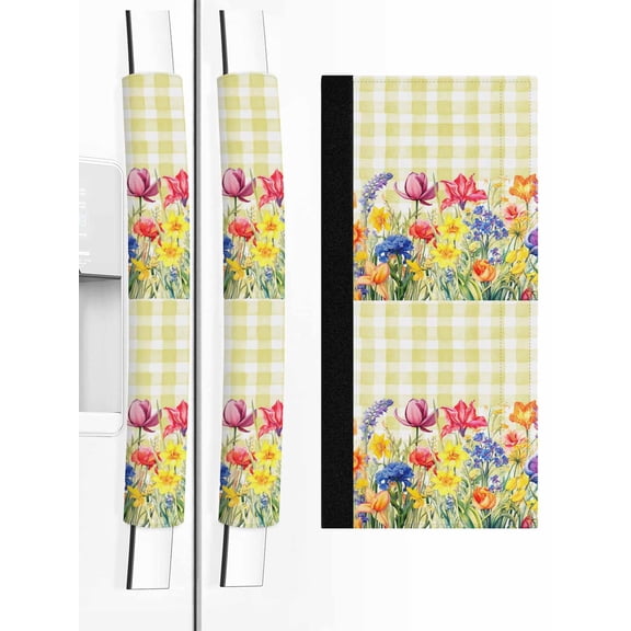 Yellow Plaid Tulip Refrigerator Door Handle Covers Set of 2, Spring Floral Watercolor Botanical Kitchen Fridge Microwave Oven Dishwasher Stove Cabinet Handle Protectors, Washable Appliance Decor