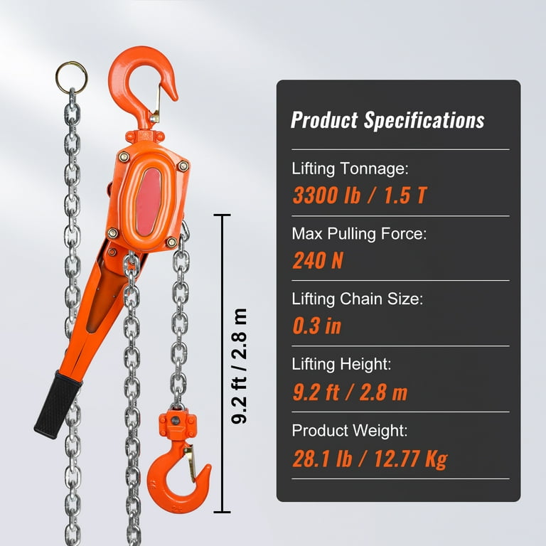 KFFKFF Hand-Operated Chain Hoist, 1.5 Ton 3300 lbs Load Limit 10
