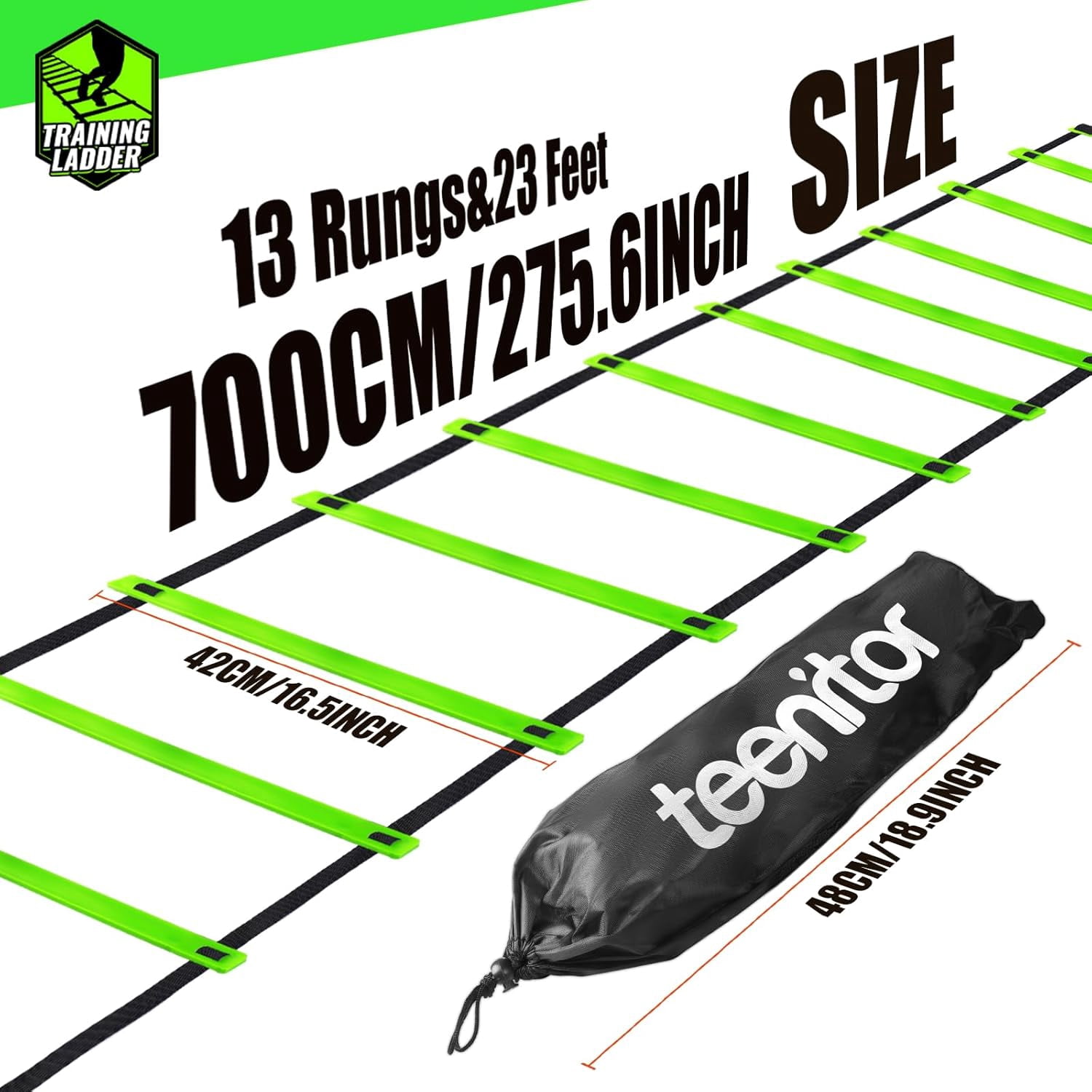 Agility Ladder Speed Ladder Training Ladder for Soccer, Speed, Football Fitness Feet Training Carry Bag Agility Training Equipment 13 rungs, 23 feet Green,23 ft