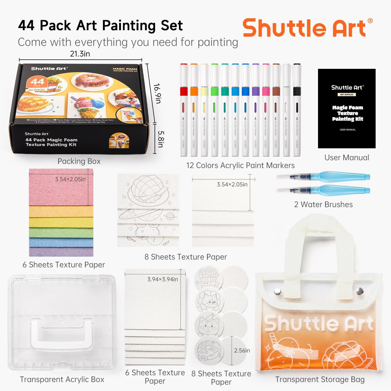 Shuttle Art 44 Pcs Magic Form Texture Painting Kit, Including 28 Pcs Foam Texture Paper, 12 Colors Brush Tip Acrylic Paint Markers, Magical 3D Effect Texture Painting Kit