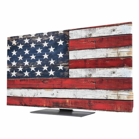 Vintage American Flag TV Cover for 43 Inch Screen, Stretch Fabric Dustproof TV Display Protector, Country Wooden USA Flag Elastic Slipcover Monitor Cover for Indoor Desktop Computer 37.6"x21.1"