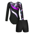 thumbnail image 2 of Alvivi Kids Girls Sparkle Tracksuit Dance Outfits Long Sleeve Gymnastics Leotard Unitard with Booty Shorts Black&Purple 6, 2 of 7