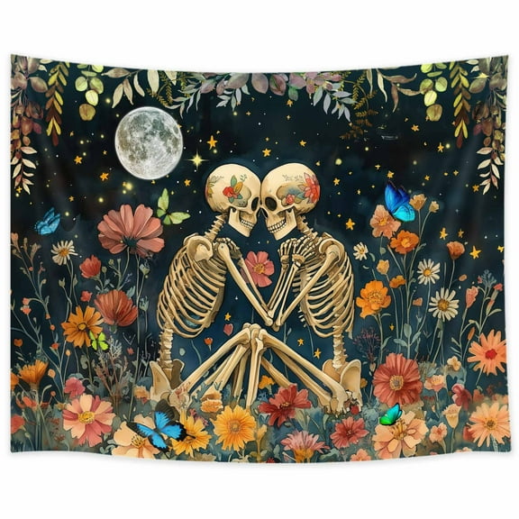Floral Skeleton Lovers Tapestry Plant Flower Aesthetic Skull Gothic Tapestry for Bedroom Lovers Tapestry Wall Hanging for Dorm Living Room