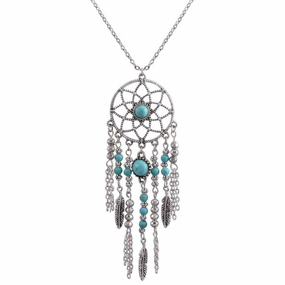 harmtty Boho Dreamcatcher Feather Turquoise Tassel Chain Charm Necklace Women Jewelry,White