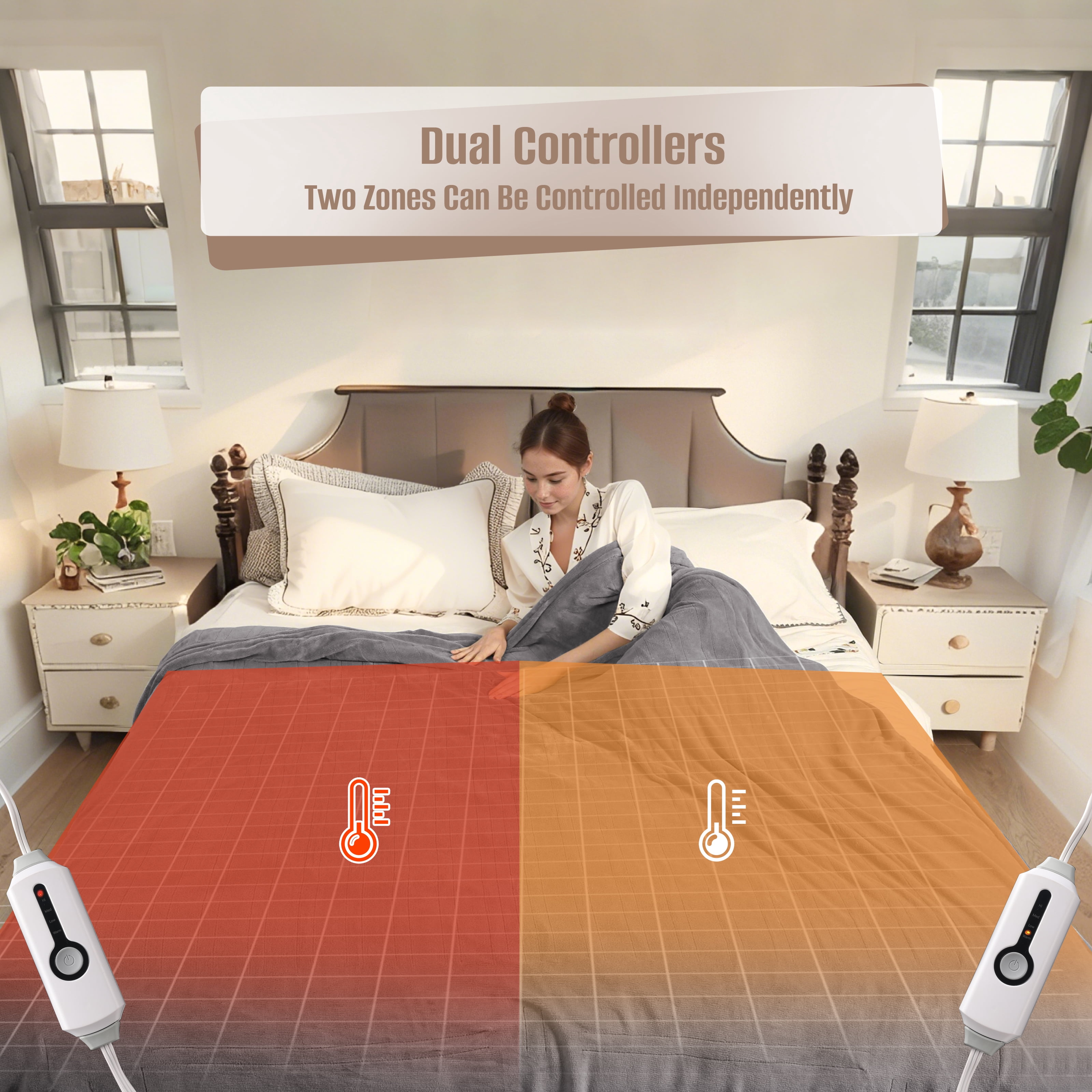 YAKEE Electric Heated Blanket 84"x90" Queen Size with Dual Control, 4 Heat Levels, 10-Hour Auto-off, Soft Coral Fleece, Overheat Protection, Gray