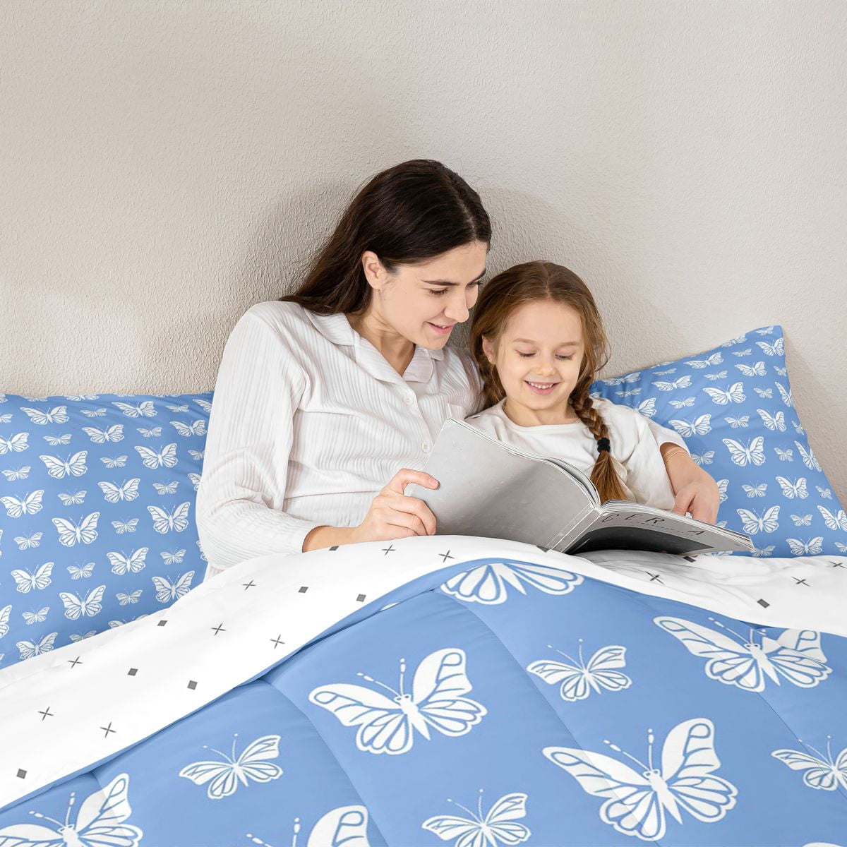 Homewish Gradient Colorful Butterfly 7-Piece Bedding Comforter Set,Flying Animal King Bedding Sets,Blue White Bed Sheets For Girls,Microfiber Bedroom Decor Reversible
