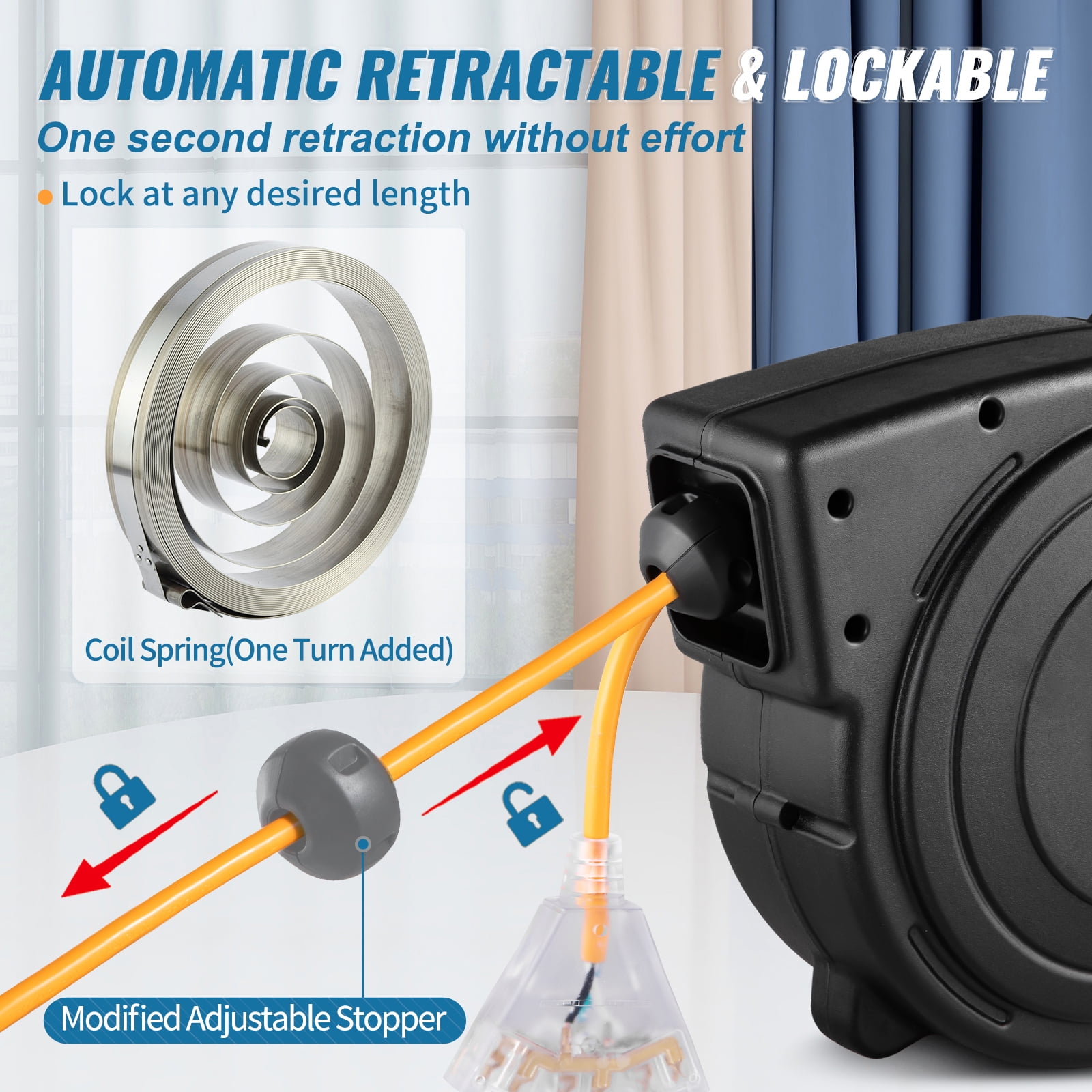 KFFKFF 14 Gauge Extension Cord Reel, 50 ft Retractable Extension Cord, 14 AWG/3C SJTOW Cable with Illuminated Triple Tap Socket, 13 Amp Circuit Breaker, 180° Pivoting Bracket for Overhead