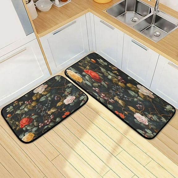 Kitchen Rugs and Mats【2 PCS】Non Skid Design Blossom Fruit Pattern Creative Kitchen Mat