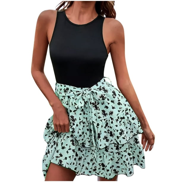 Sleeveless Knot Tank Dress Summer Floral Layered Ruffle Hem Mini Short A-Line Tank Top Dress - Walmart.com