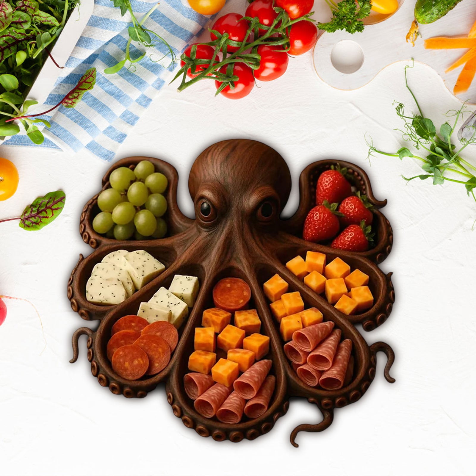 Wood Octopus Fruit Serving Tray Set,Octopus Shape Charcuterie Platter,Ocean Themed Cheese Bread Board Fruit Tray Board