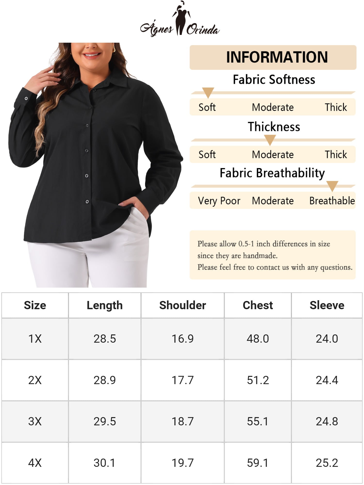 DARING DIVA Women's Plus Size Cotton Polo Collared Work Shirt 2X Black