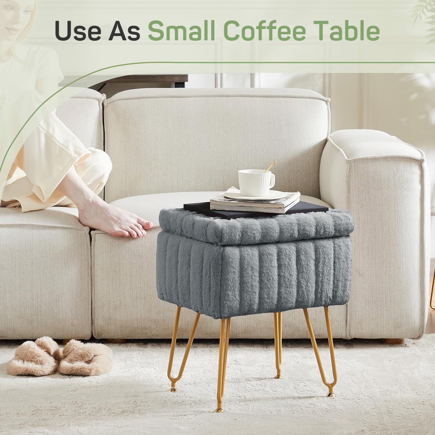 Parcus Faux Fur Vanity Stool with Storage, 16"L x 12.2"W x 18.9"H, Makeup Ottoman Chair with Padded Seat, 4 Metal Legs & Adjustable Anti-Slip Feet