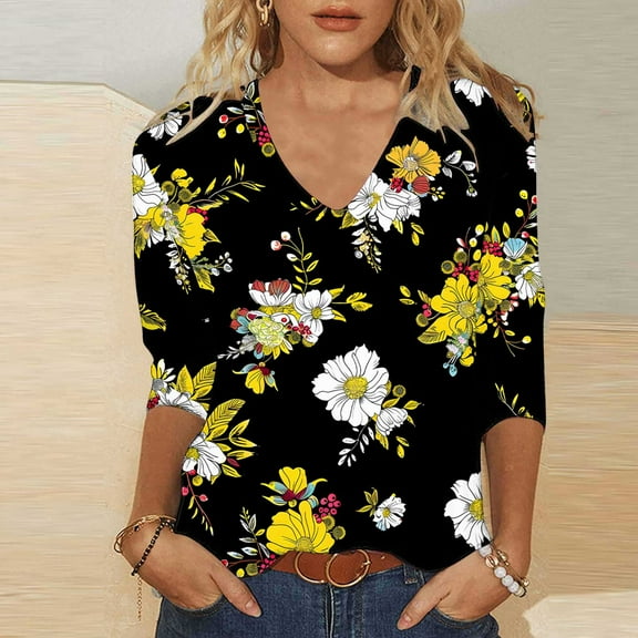 Fznquz V Neck Tops for Women 3/4 Sleeve Black Floral Tops Fashion Soft Casual Floral Spring Ladies Blouses