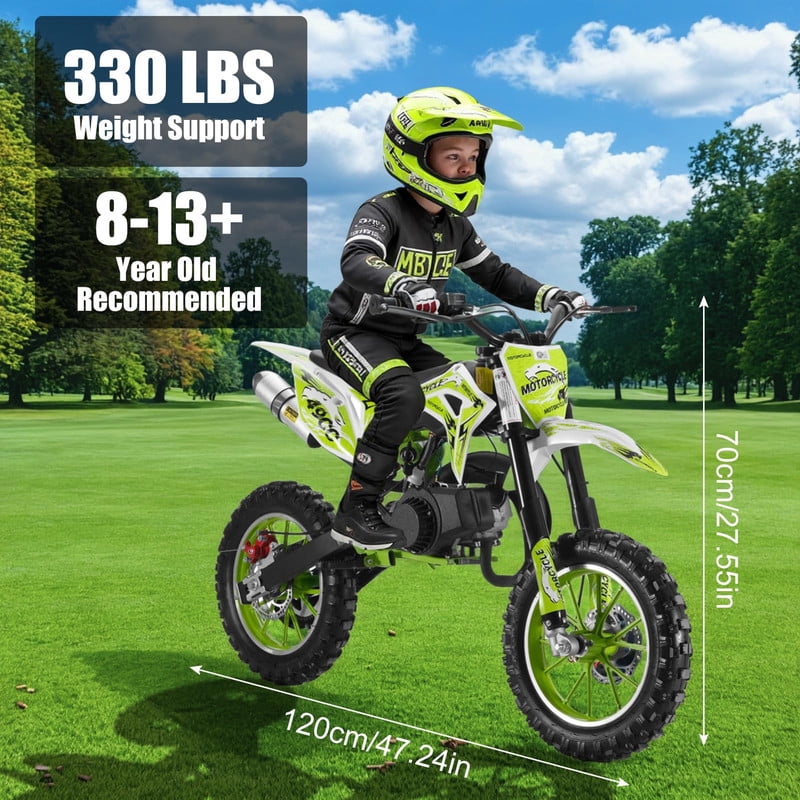 Dirt Bike for Kids & Adults 49cc 2-Stroke Kids Mini Bike Gas Power Off Road Trail Bikes with Front Rear Disc Brakes, Racing Max Speed 40KM/H from USA Fast Arrival Support 220IBS