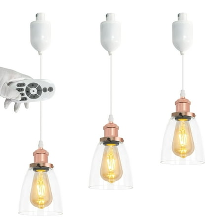 

FSLiving Adjustable Height Remote Control J-Type Track Pendant Light E26 Rose Gold Socket with Clear Glass Cone Shade 2200K-6500K Dimmable Timer Decorate Industrial Lamp for Dinning Table - 3 Lights
