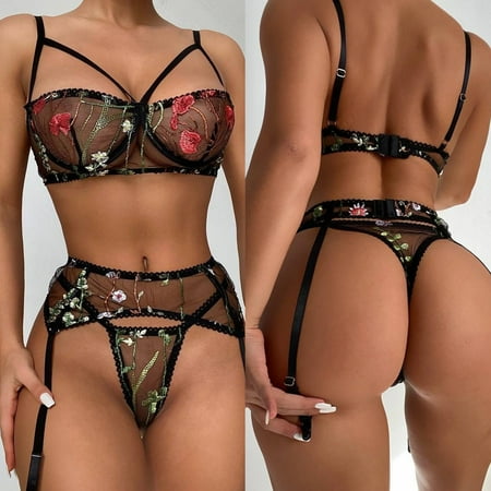 

Medcursor Flower Embroidery Bra Thong Sleepwear Underwear Women Lingerie Garter