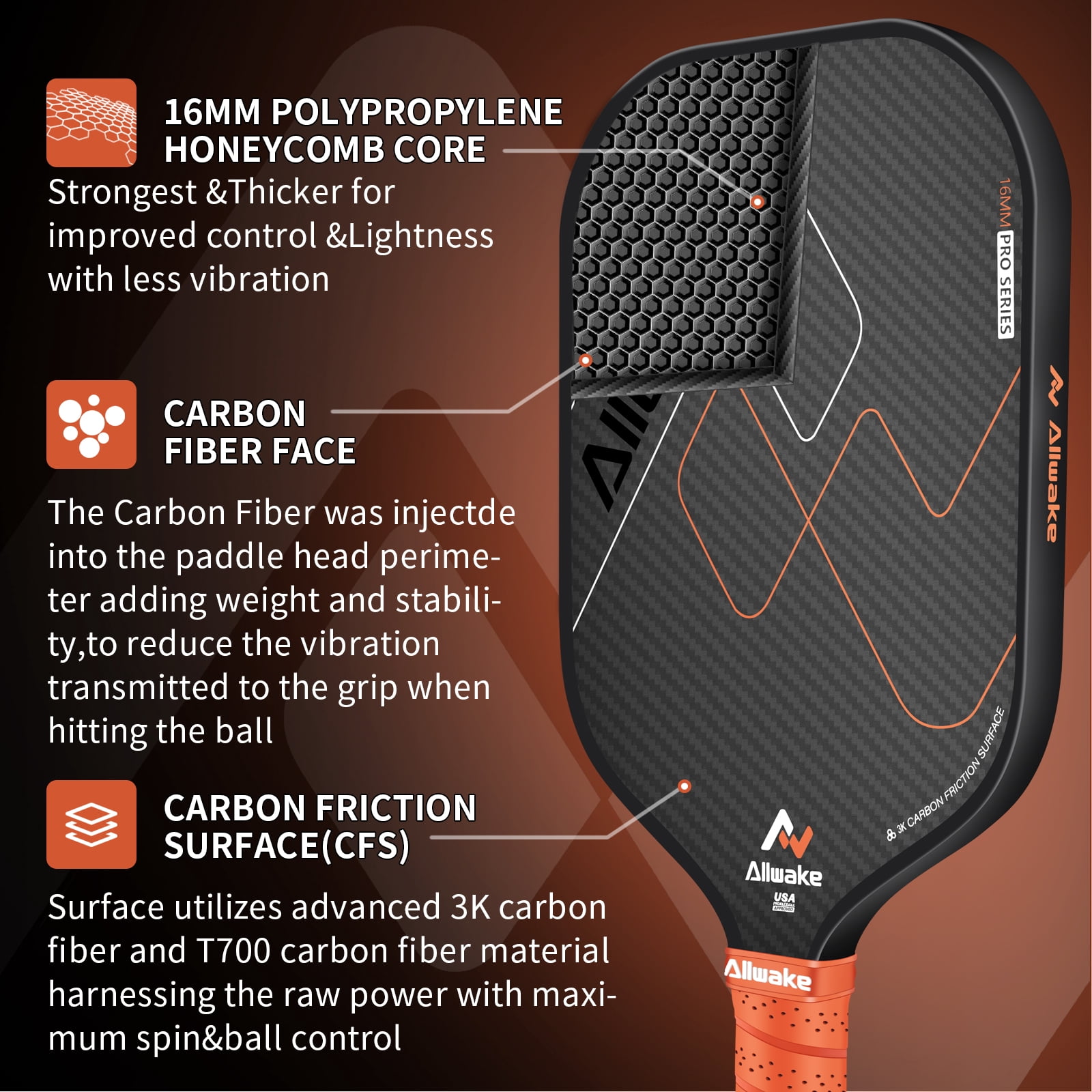 Pickleball Paddles, USAPA Approved, 3k Friction Surface Carbon Fiber  Pickleball Paddle, Durable &Lightweight Pickleball Rackets for Adults