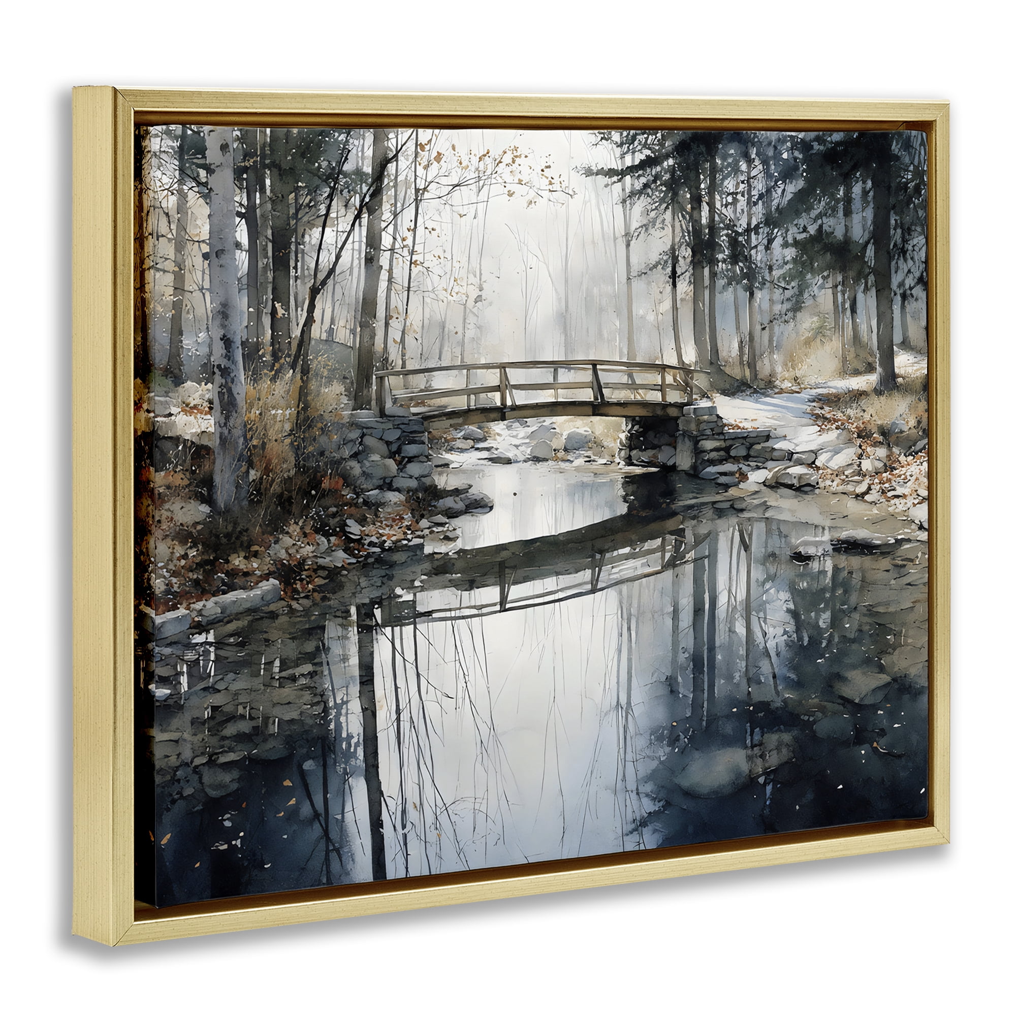 Stupell Industries Stone Bridge over Stream Gold Framed Floater Canvas Wall Art, design by Franklyn Gregory
