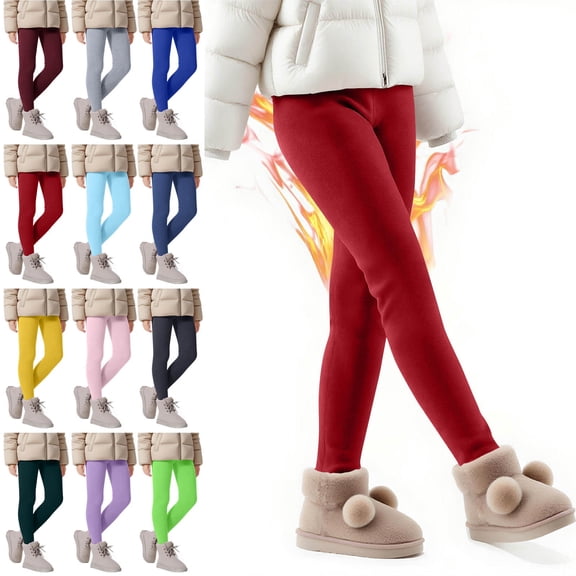 Crunowin Kids Thermal Fleece Leggings, Loose Elastic Waist Plush Soft Lined Kids Fall Winter Pants Red 5 T