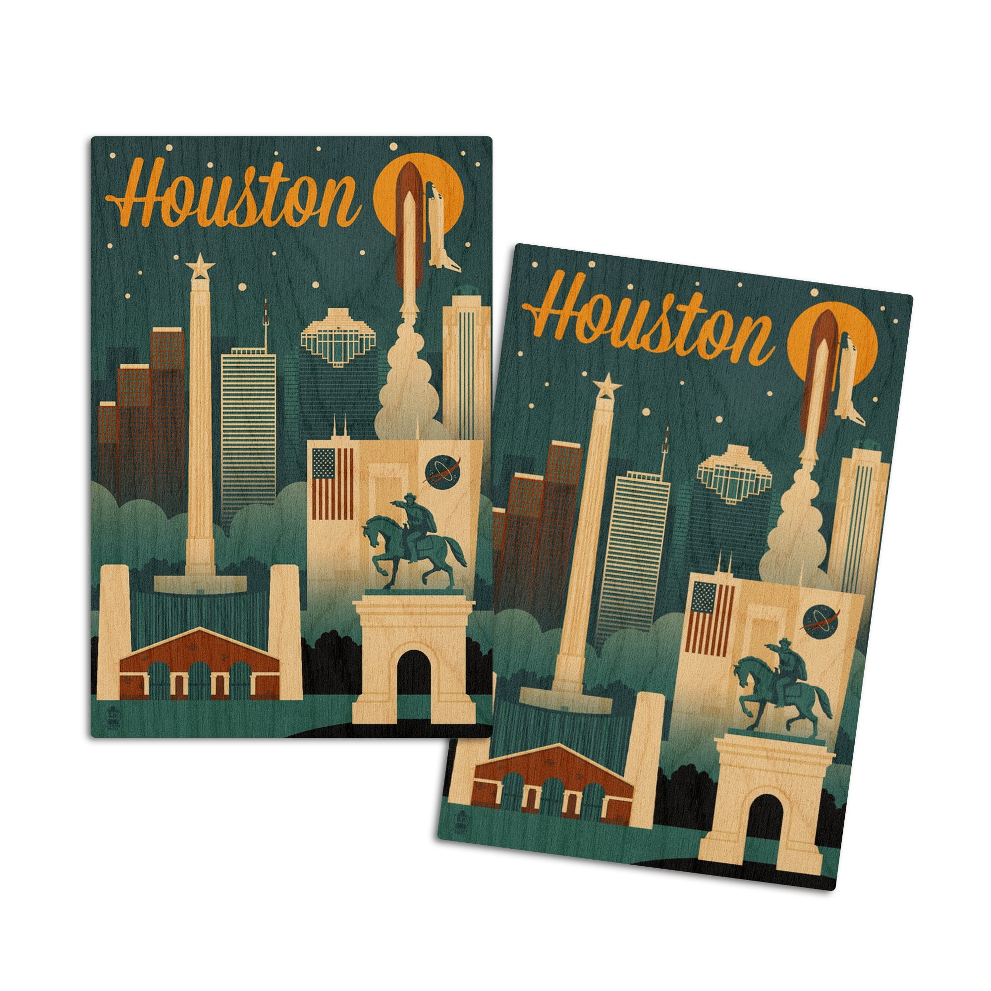 Houston, Texas, Retro Skyline (4x6 Birch Wood Postcards, 2Pack