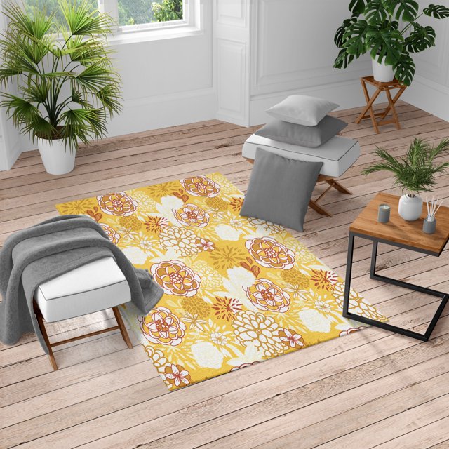 Floral Turkish Area Rug, Vintage Romantic Wildflowers in Various Kinds Doodle Drawing Style Love, Soft Carpet for Living Room Decor with Distressed Look, 4' X 5.7', Mustard Ivory, by Ambesonne