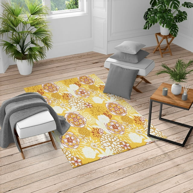 Floral Turkish Area Rug, Vintage Romantic Wildflowers in Various Kinds Doodle Drawing Style Love, Soft Carpet for Living Room Decor with Distressed Look, 4' X 5.7', Mustard Ivory, by Ambesonne