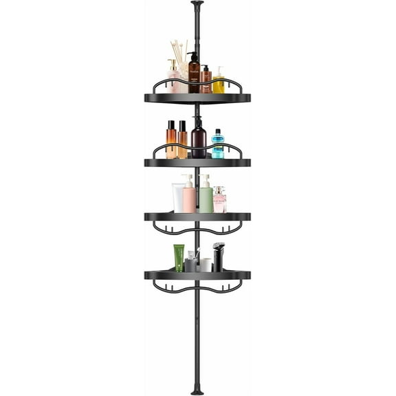 GUCADS-Corner Shower Organizer, 4 Layer Plastic Shower Shelves with Rustproof Steel Pole, Black - Drill Free Tension Pole Mount, 56-125 Inch Shower Storage