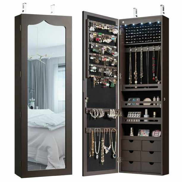 Gymax Lockable Wall Door Mounted Jewelry LED Mirror Brown