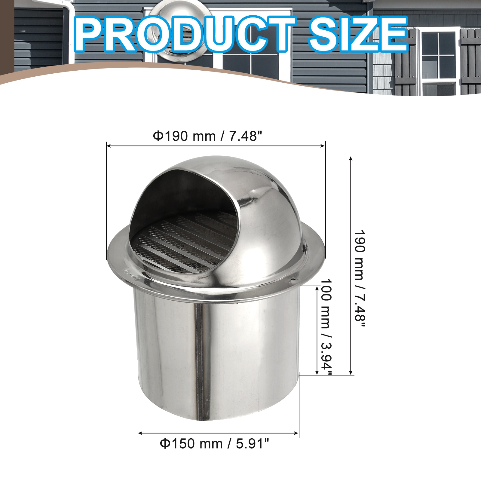 Uxcell 6" Round Soffit Air Vents, 4" Length 304 Stainless Steel Louver Grille Vent Cover for Kitchen Bathroom Ventilation, Silver