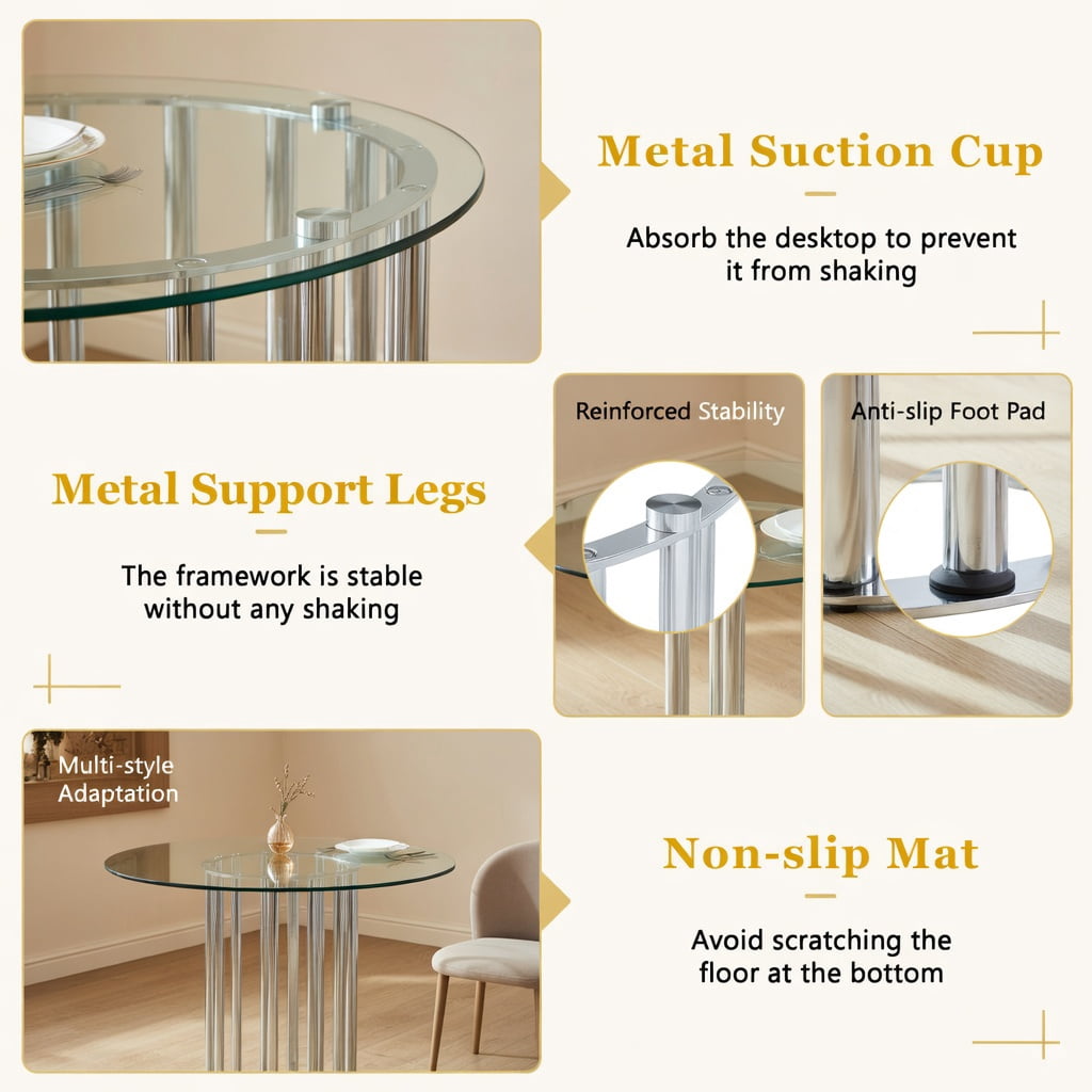 Hommoo 71 Inch Oval Tempered Glass Dining Table with Silver Double Column Base, Light Luxury Modern Design for 6-8 People, Scratch-Resistant & Easy-Clean Glass Top, Silver