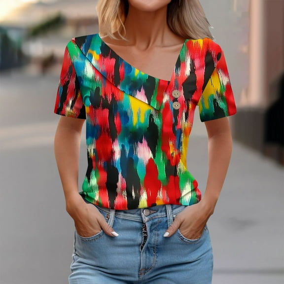 Fengqque 2025 Women's V-Neck Printed Button-Down Short Sleeve Shirt