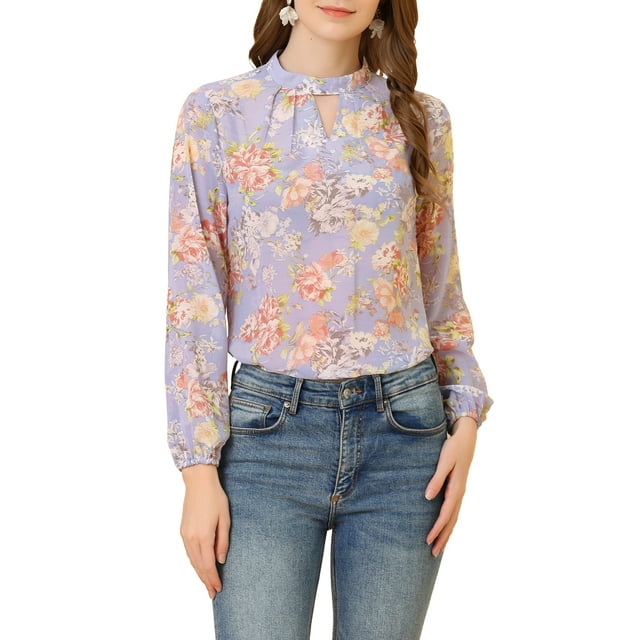 Unique Bargains Les Femmes Floral Semi-Transparent Keyhole Chemisiers Stand Col Puff Manches Longues Tops
