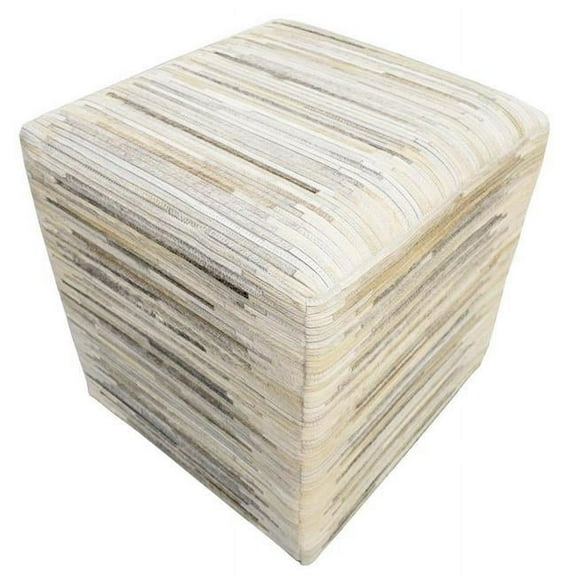The Rug Decor  Genuine Leather Hand Stitched Striped Pouf, Beige & Silver