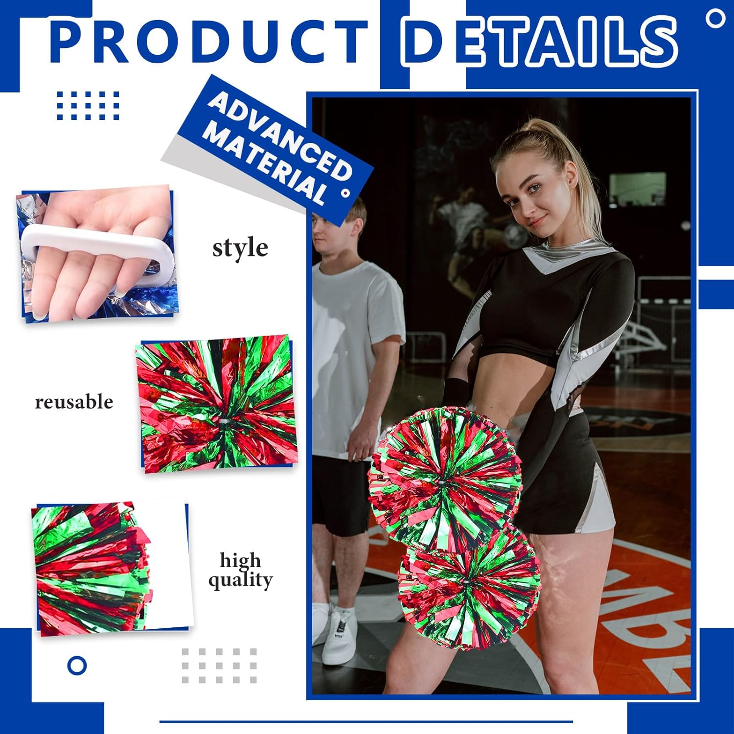 Cheerleader Pom Poms 12 Pack Sports Dance Cheering Plastic Metallic Cheerleading Pom Poms for Kids Adults