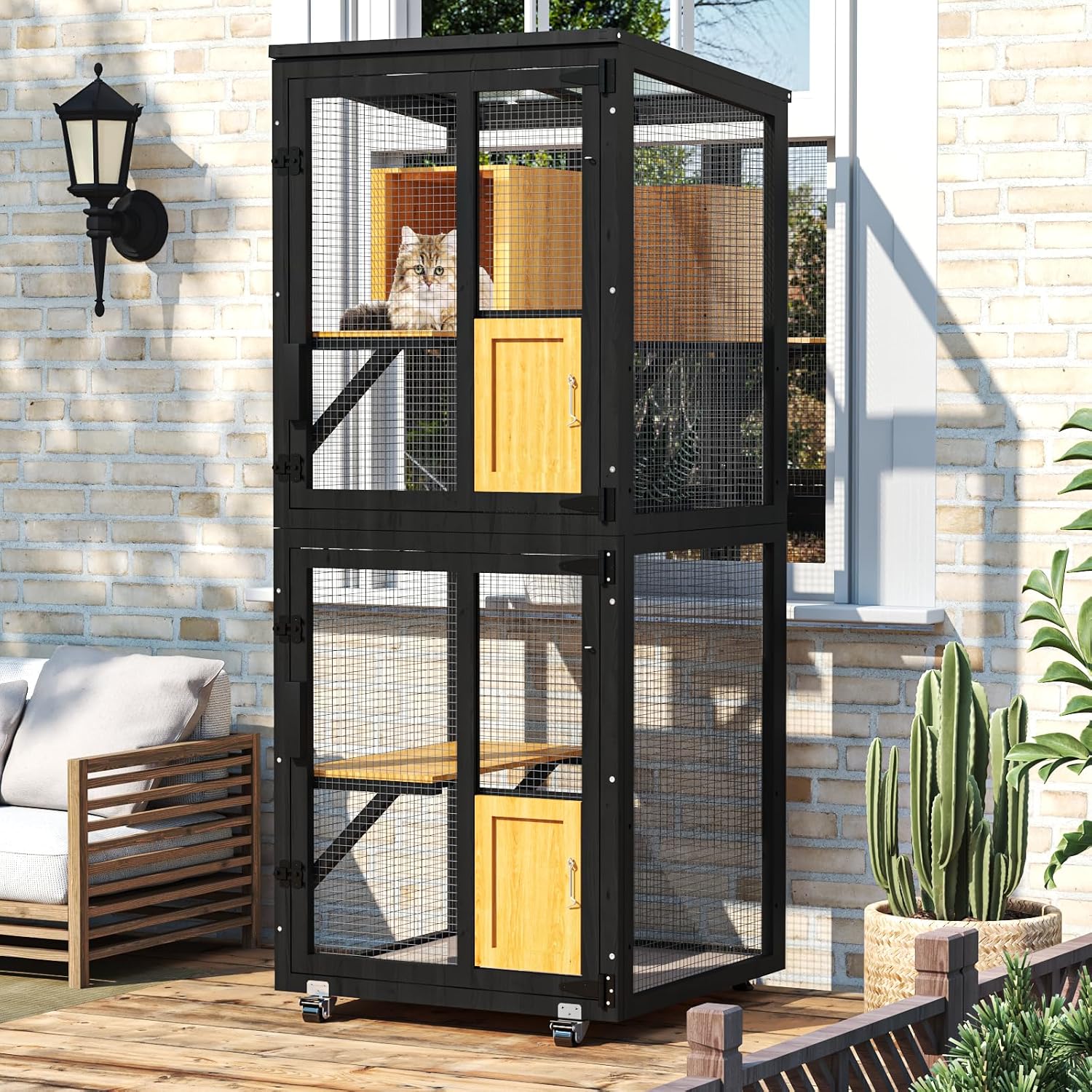TIMHAKA Outdoor Cat Catio Enclosure, 4 Tiers Indoor Catio w/ Wheels, Resting Box, Waterproof Roof, Black & Yellow