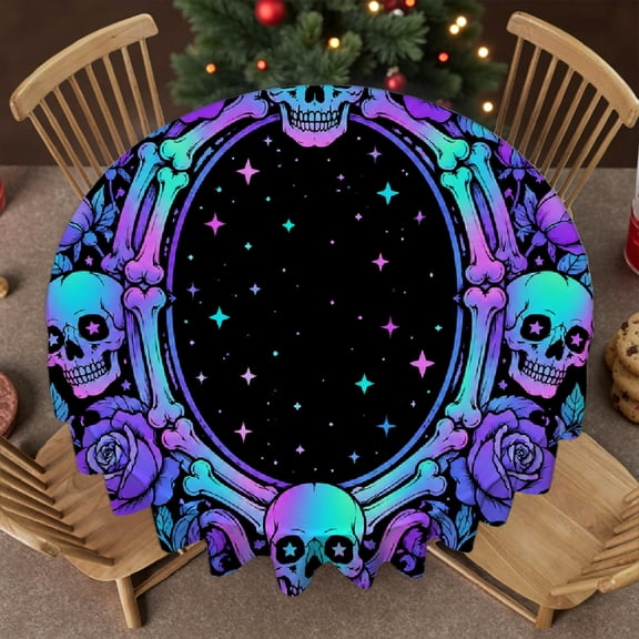RKSupls Holographic Skull Roses Circle Black Soft, Machine-Made - Festive Table Setting Round Tablecloth, Wedding, Party, Home Dining